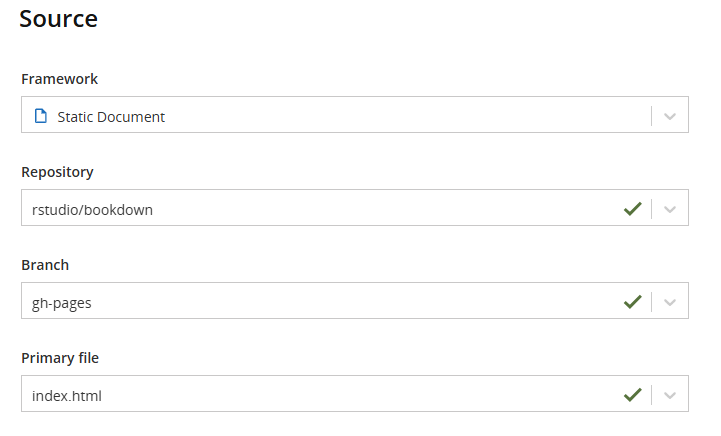 Screenshot showing Source configuration for automatic deploy on Connect Cloud using gh-pages instead of main and selecting index.html as Primary file