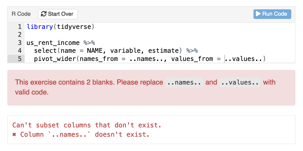 A learnr exercise box with the feedback from submitting the example code with a custom exercise.blanks pattern. A red callout says "This exercise contains 2 blanks. Please replace '..names..' and '..values..' with valid code."