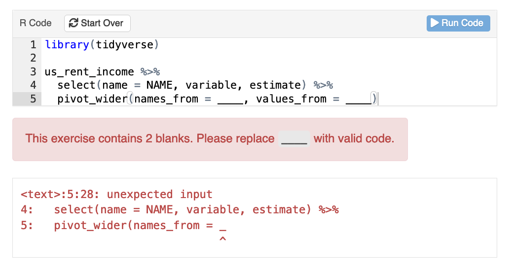 A learnr exercise box with the feedback from submitting the code above. A red callout says "This exercise contains 2 blanks. Please replace ____ with valid code."